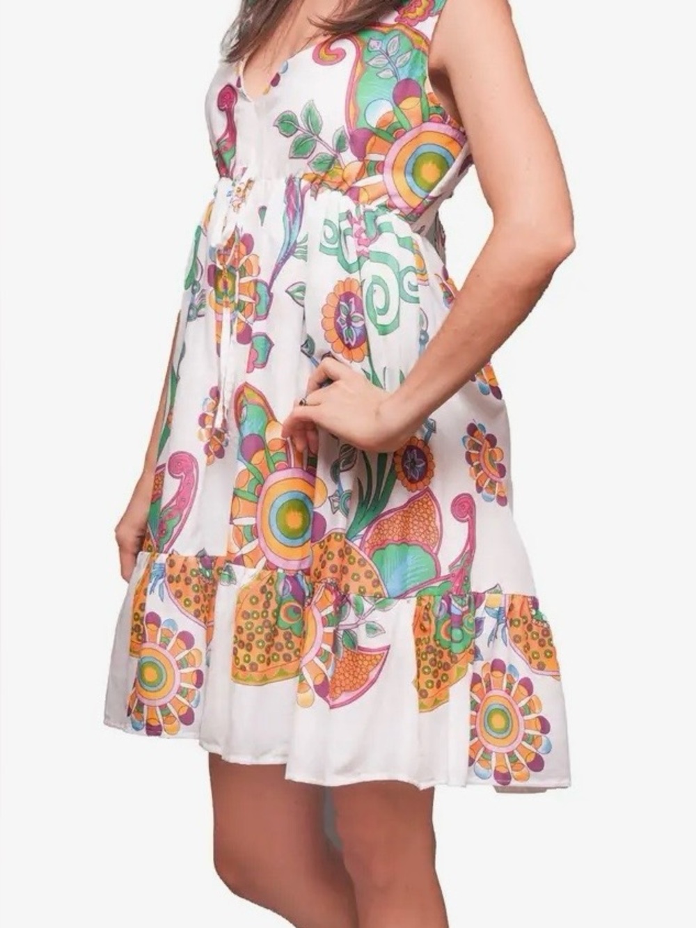 Sacred Threads White Sundress with Green and Pink Floral Motif